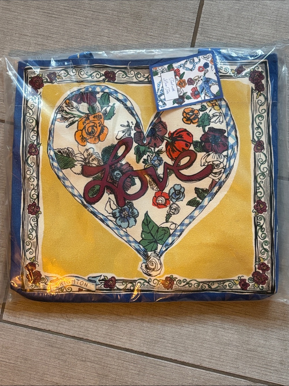 Brighton “Tied with Love” Yellow and Blue Floral Heart 'Love' Accent Tote